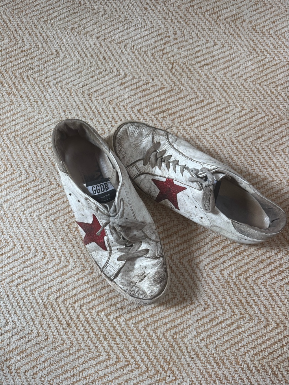 Golden Goose Silver Leather Sneakers with Red Star Accent